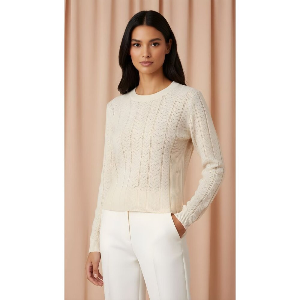 NEW Adrianna Papell Womens S White Knit Top Sweater Long Sleeve Scalloped Hem